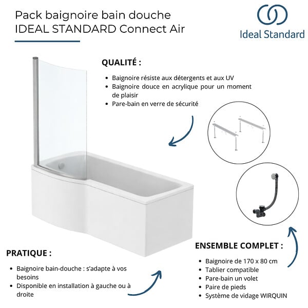 IDEAL STANDARD - Pack baignoire bain douche 170 x 80 cm gauche Connect Air + tablier + pare bain fixe  + pieds + vidage Noir mat - large