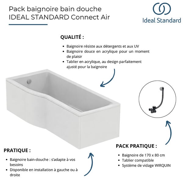 IDEAL STANDARD - Baignoire bain douche 170 x 80 cm droite Connect Air + tablier + vidage Doré - large