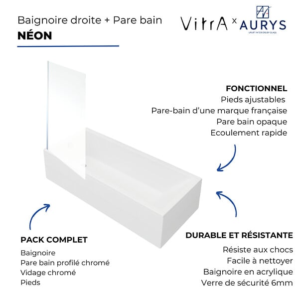VITRA - Baignoire rectangulaire VitrA Neon 170x75cm + Pare bain gauche AURYS Mist 1 chromé profilé gauche + vidage chromé - large