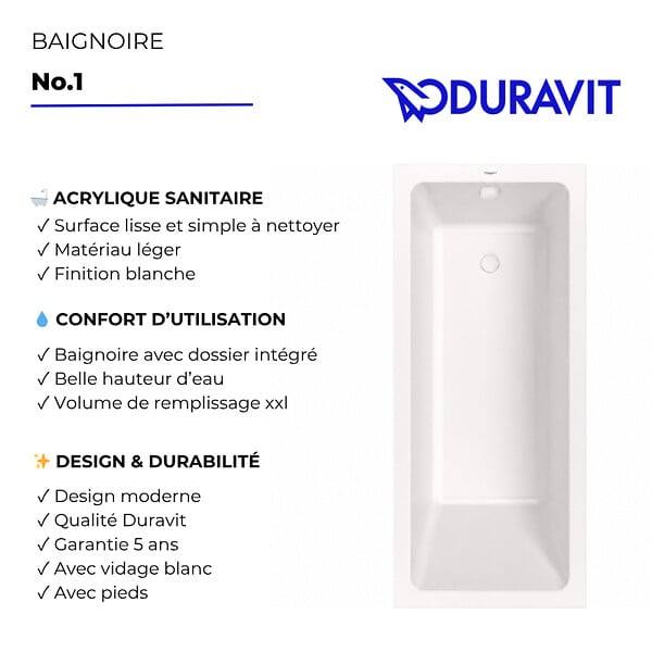 DURAVIT - Baignoire droite 180 X 80 Duravit No.1 + vidage blanc - large