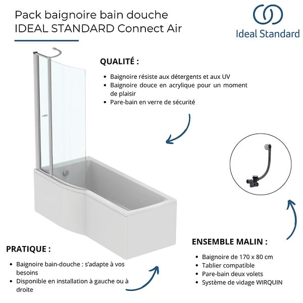 IDEAL STANDARD - Pack baignoire bain douche 170 x 80 cm droite Connect Air + tablier + pare bain avec volet + vidage Noir mat - large