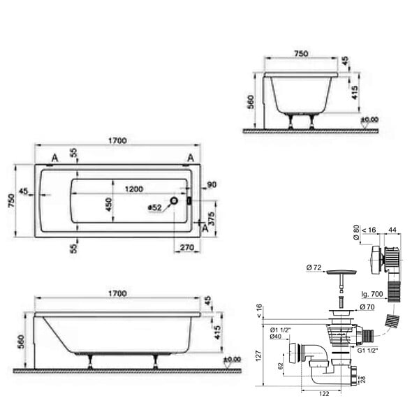 VITRA - Baignoire droite rectangulaire 170x75cm avec pieds Neon blanc + Vidage volet et clapet Inox/Chrome - large