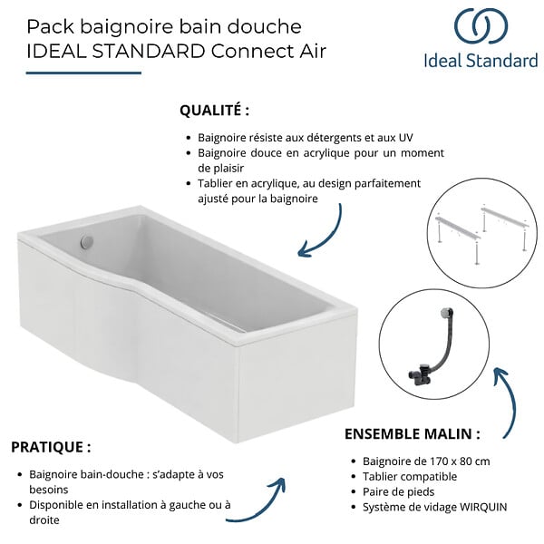 IDEAL STANDARD - Baignoire bain douche 170 x 80 cm gauche Connect Air + tablier + pieds + vidage Doré - large