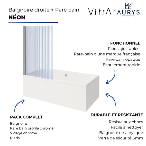 VITRA - Baignoire rectangulaire VitrA Neon 180x80cm + Pare bain droit AURYS Raywall chromé profilé droite + vidage chromé - large