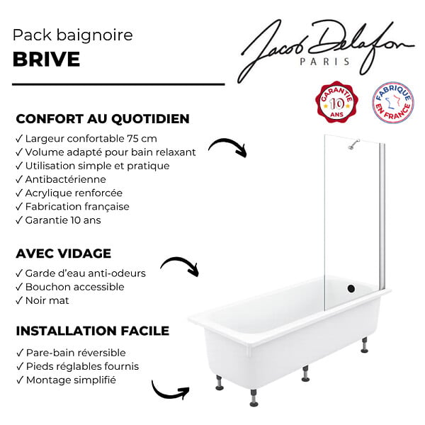 JACOB DELAFON - Pack baignoire droite 170 X 75 Brive + pare bain avec vidage noir mat - large