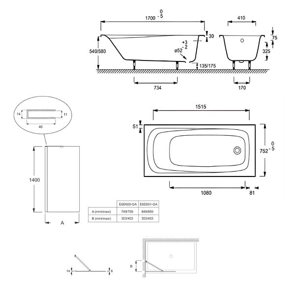 JACOB DELAFON - Pack baignoire droite 170 X 75 Brive + pare bain avec vidage noir mat - large
