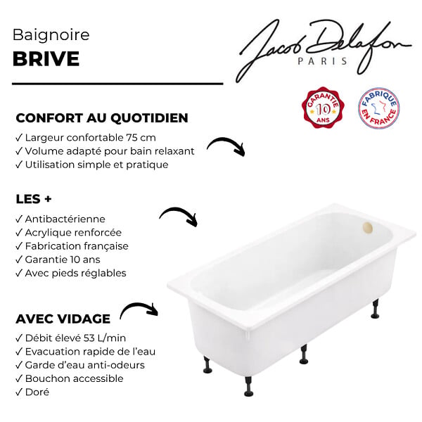 JACOB DELAFON - Baignoire droite 170 X 75 Brive avec vidage doré - large