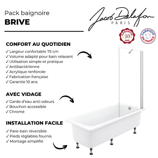 JACOB DELAFON - Pack baignoire droite 170 X 75 Brive + pare bain avec vidage chromé - large