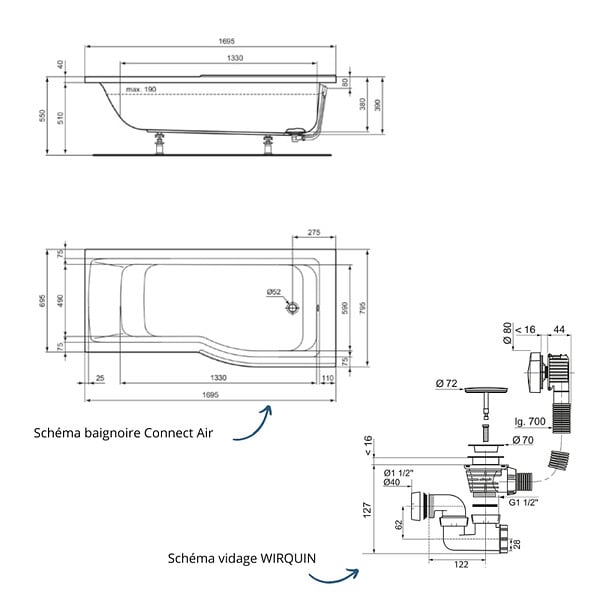IDEAL STANDARD - Baignoire bain douche 170 x 80 cm droite Connect Air + vidage Blanc - large