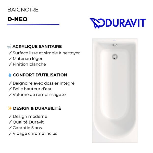 DURAVIT - Baignoire droite 170 X 70 D-Neo + vidage chromé - large