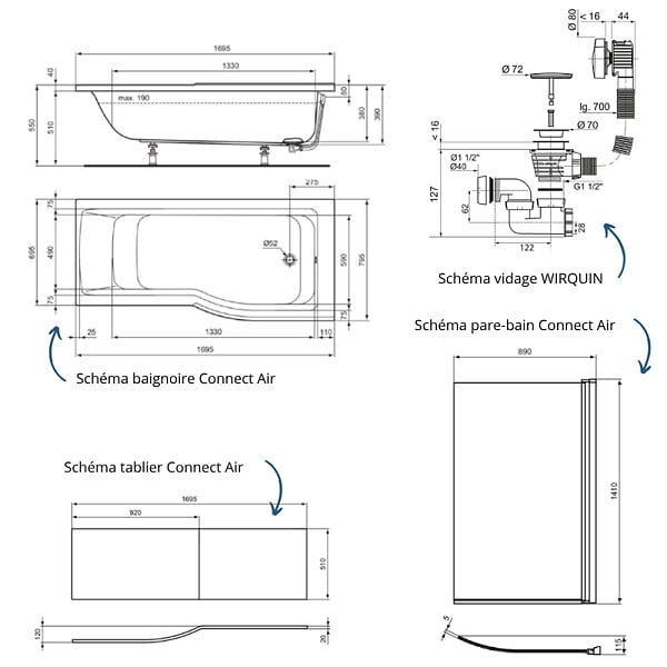 IDEAL STANDARD - Pack baignoire bain douche 170 x 80 cm droite Connect Air + tablier + pare bain fixe + vidage Noir mat - large