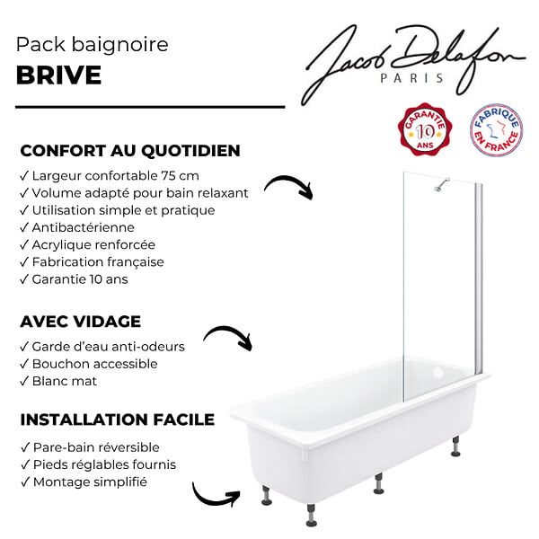 JACOB DELAFON - Pack baignoire droite 170 X 75 Brive + pare bain avec vidage blanc - large