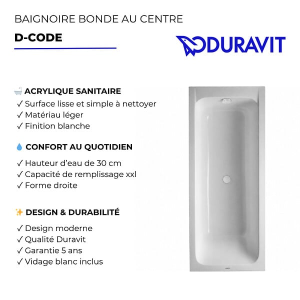 DURAVIT - Baignoire droite 180 X 80 D-Code acrylique bonde au centre + vidage blanc - large