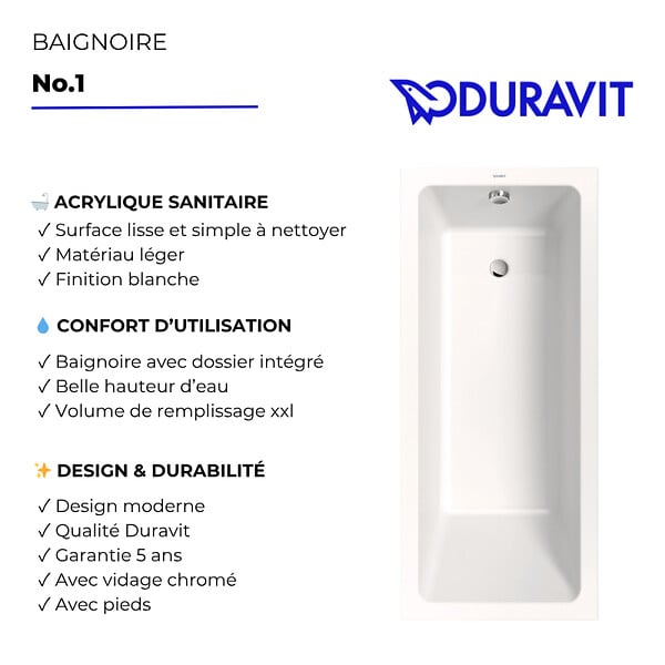 DURAVIT - Baignoire droite 150 X 70 Duravit No.1 + vidage chromé - large