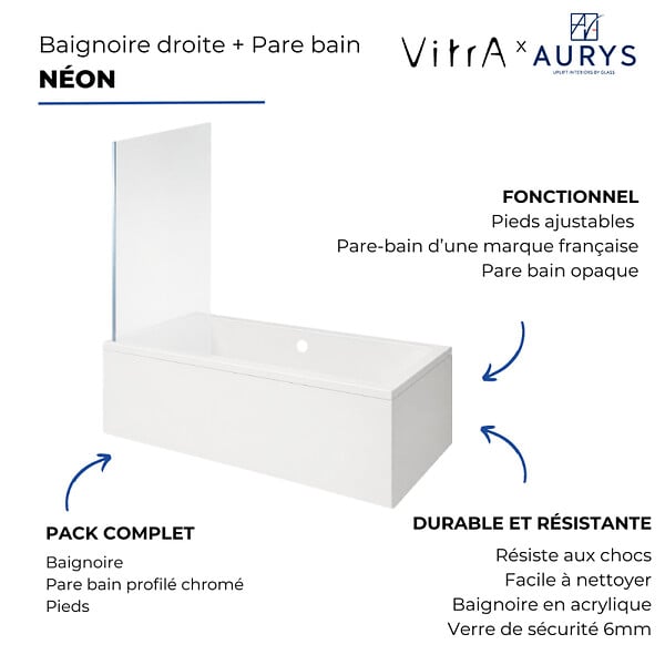 VITRA - Baignoire rectangulaire VitrA Neon 180x80cm + Pare bain gauche AURYS Mist 1 chromé profilé gauche + vidage chromé - large
