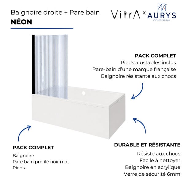 VITRA - Baignoire rectangulaire VitrA Neon 180x80cm + Pare bain gauche AURYS Raywall noir mat profilé gauche - large