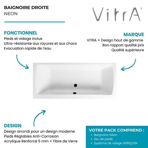 VITRA - Baignoire droite rectangulaire 180x80cm avec pieds Neon blanc + Vidage volet et clapet Noir mat/Black Touch - large