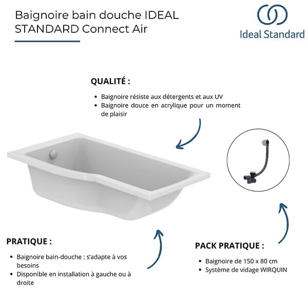 IDEAL STANDARD - Baignoire bain douche 150 x 80 cm gauche Connect Air + vidage Doré - large