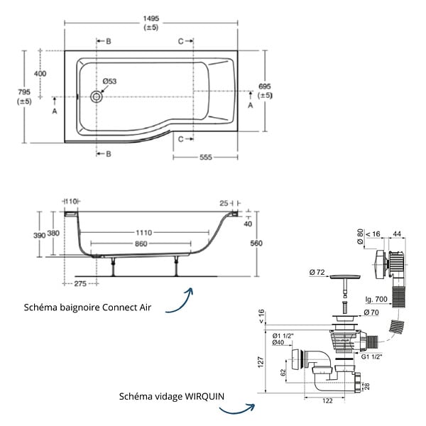 IDEAL STANDARD - Baignoire bain douche 150 x 80 cm gauche Connect Air + vidage Doré - large