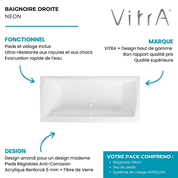 VITRA - Baignoire droite rectangulaire 180x80cm avec pieds Neon blanc + Vidage volet et clapet blanc - large