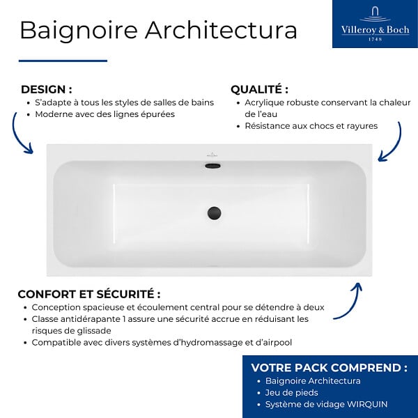 VILLEROY ET BOCH - Baignoire droite 150 x 70 Architectura + Pieds + Vidage de baignoire noir - large