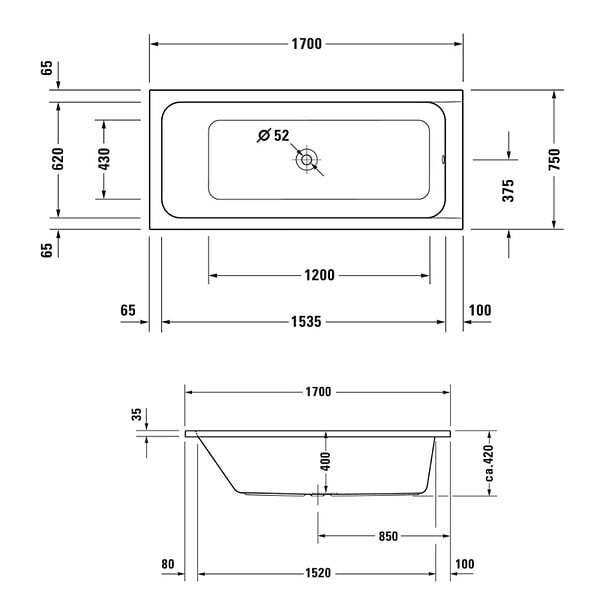 DURAVIT - Baignoire droite 170 X 75 D-Code acrylique bonde au centre + vidage chromé - large