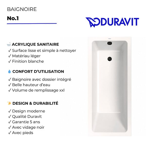 DURAVIT - Baignoire droite 150 X 70 Duravit No.1 + vidage noir mat - large