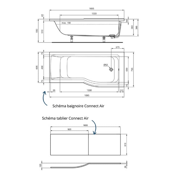 IDEAL STANDARD - Baignoire bain douche 170 x 80 cm droite Connect Air + tablier - large
