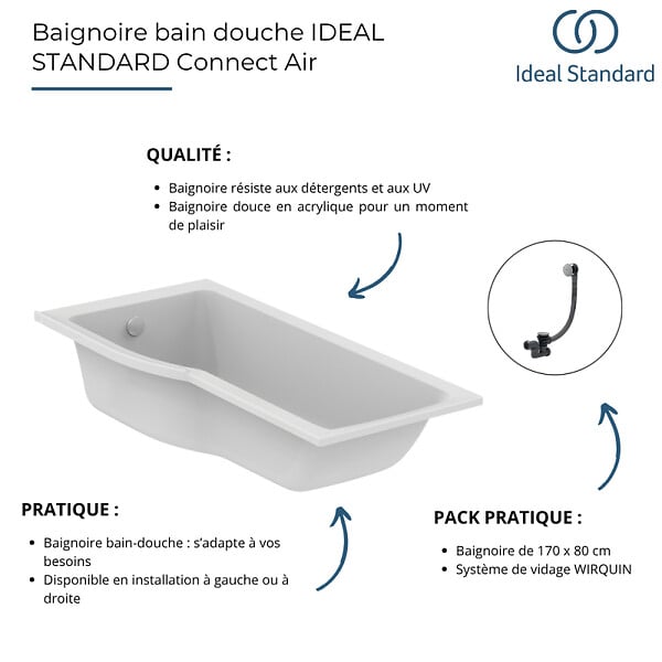 IDEAL STANDARD - Baignoire bain douche 170 x 80 cm gauche Connect Air + vidage Doré - large