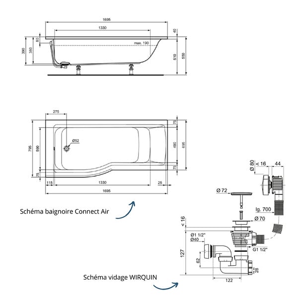 IDEAL STANDARD - Baignoire bain douche 170 x 80 cm gauche Connect Air + vidage Doré - large