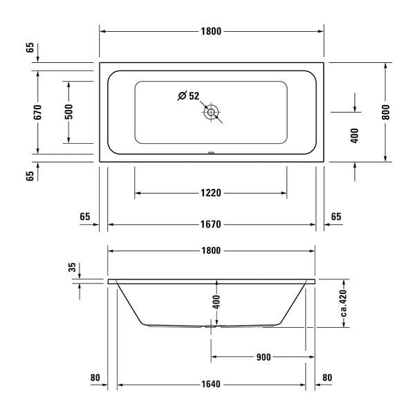 DURAVIT - Baignoire droite 180 X 80 D-Code acrylique bonde au centre + vidage chromé - large
