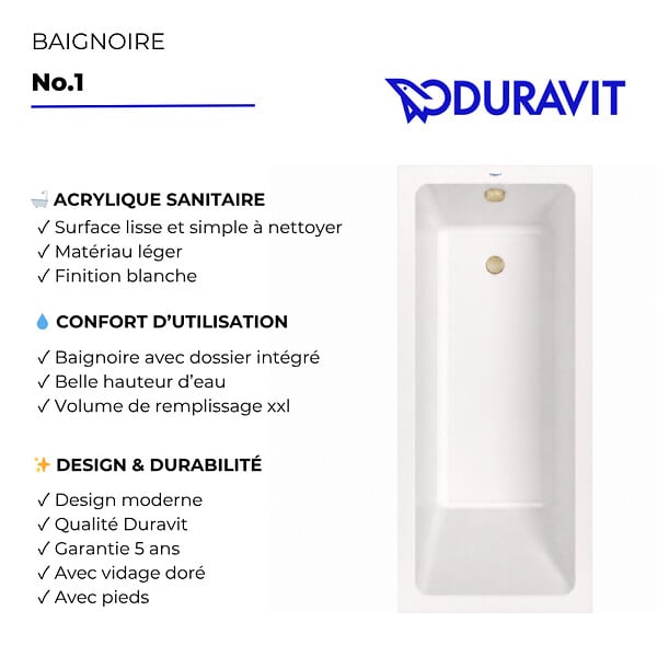 DURAVIT - Baignoire droite 180 X 80 Duravit No.1 + vidage doré - large