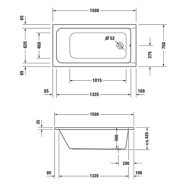 DURAVIT - Baignoire droite 150 X 75 D-Code acrylique + vidage noir mat - large
