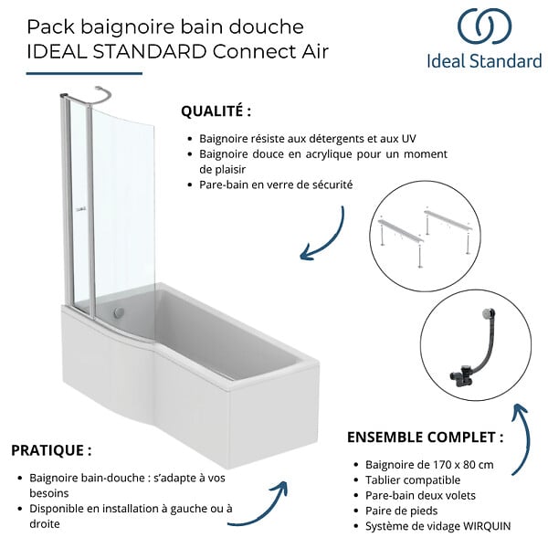 IDEAL STANDARD - Pack baignoire bain douche 170 x 80 cm gauche Connect Air + tablier + pare bain avec volet  + pieds + vidage Chromé - large
