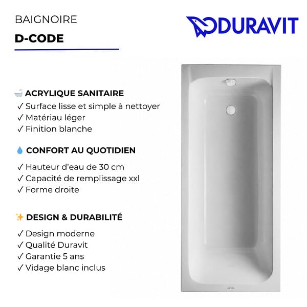 DURAVIT - Baignoire droite 150 X 75 D-Code acrylique + vidage blanc - large