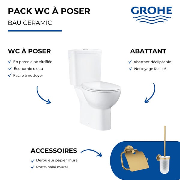 GROHE - WC à poser sans bride Quickfix + Abattant déclipsable + Dérouleur papier mural + Porte-balai Cool Sunrise - large
