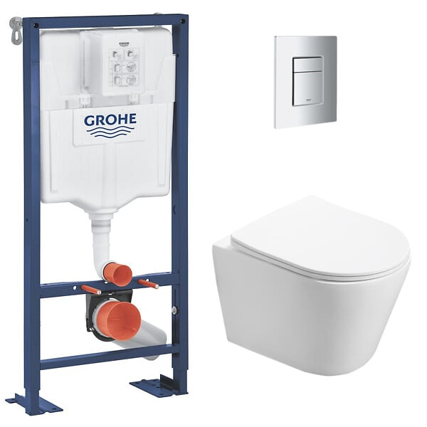 GROHE - Pack WC Bati support autoportant + WC SAT sans bride + Abattant Soft close + Plaque chrome - large