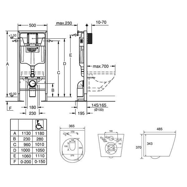 GROHE - Pack WC Bati support autoportant + WC SAT sans bride + Abattant Soft close + Plaque chrome - large