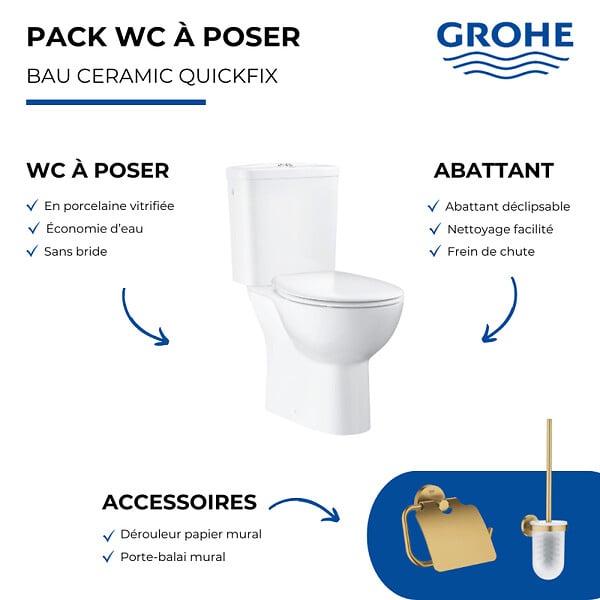 GROHE - WC à poser sans bride Quickfix + Abattant frein de chute + Dérouleur papier mural + Porte-balai Cool Sunrise - large