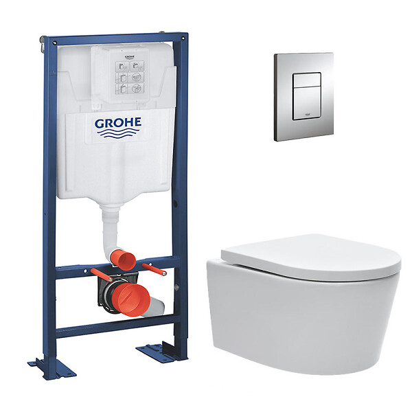 GROHE - Pack WC bâti-autoportant Rapid SL + WC SAT rimless fixations invisibles + Abattant softclose + Plaque chrome - large