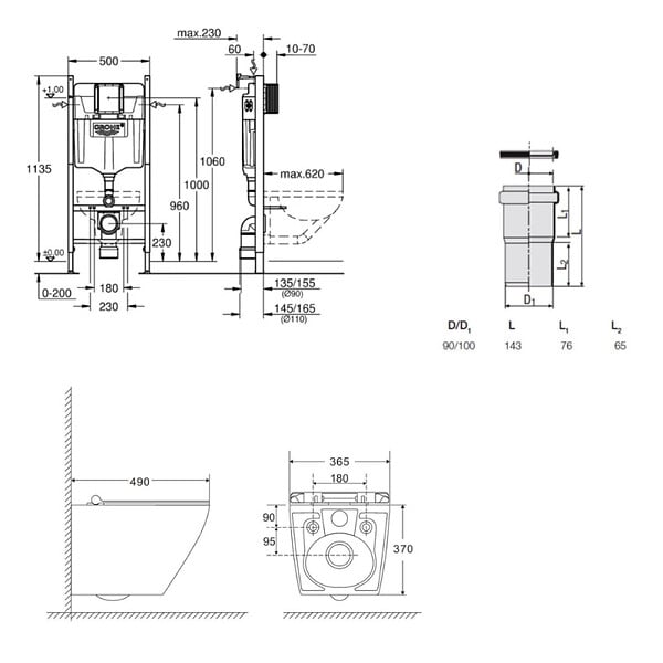 GROHE - Pack WC bâti-support 2en1 + WC suspendu sans bride Siko avec abattant SoftClose + plaque Grohe (GRRCEWT01FR-FS) - large