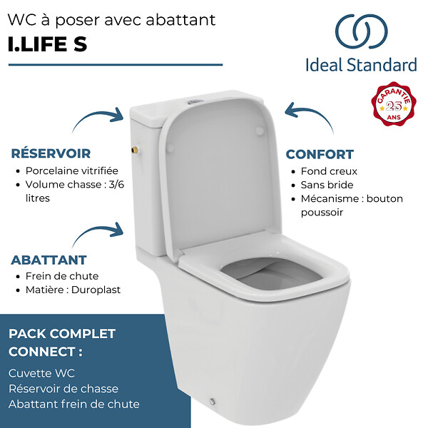 IDEAL STANDARD - WC à poser compact sans bride sortie horizontale I.Life S avec abattant frein de chute - large