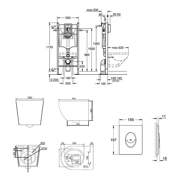 GROHE - Rapid SL pack WC bâti autoportant + WC suspendu sans bride Ceramia PixL avec abattant SoftClose + plaque (GRRCEPXGEMT01FR-FS) - large