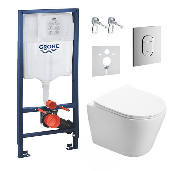GROHE - Pack WC Bâti-support + WC SAT Infinitio sans bride fixations invisibles + Plaque + Panneau isolation phonique - large
