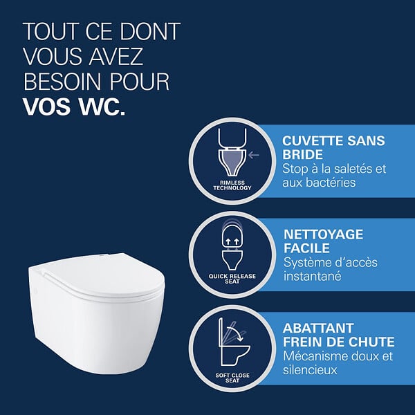 GROHE - Rapid SL pack WC bâti-support autoportant + WC suspendu sans bride Grohe avec abattant SoftClose + plaque (GRRGRSTWR02FR-FS) - large