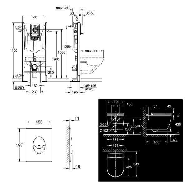 GROHE - Rapid SL pack WC bâti-support autoportant + WC suspendu sans bride Grohe avec abattant SoftClose + plaque (GRRGRSTWR02FR-FS) - large