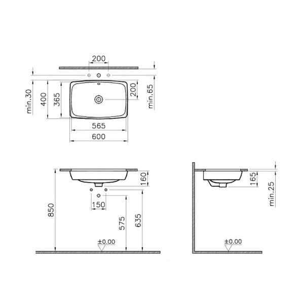 VITRA - Vasque à poser Vitra Metropole 60 x 40 x 16 cm, avec trop-plein, blanc brillant, sans trou pour robinetterie (5668-003-0012) - large