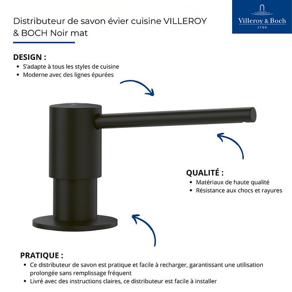VILLEROY ET BOCH - Distributeur de savon pour évier cuisine Noir mat - large