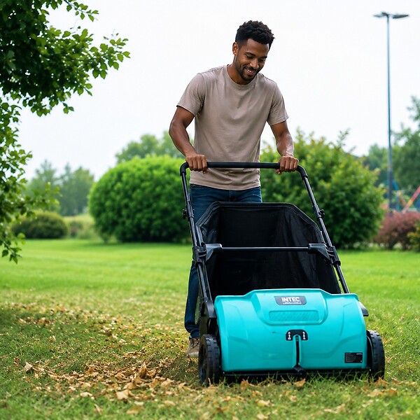 INTEC - Balayeuse à gazon Ramasse feuilles Brosse rotative renforcées Larg 53cm reglable Grand Bac 100L INTEC - large
