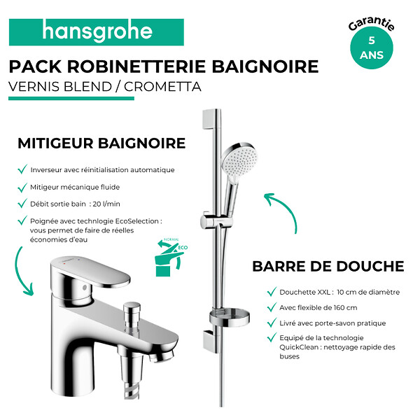 HANSGROHE - Pack mitigeur baignoire mécanique Vernis Blend C2 chromé + Ensemble de douche Crometta 2 jets blanc/chromé - large